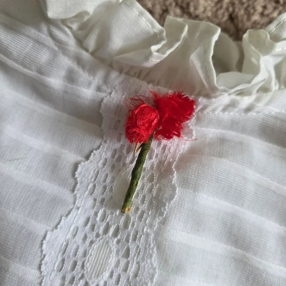 Vintage White Floral Peasant Dress Girls 4 Long Sleeve Red Roses 90s Communion